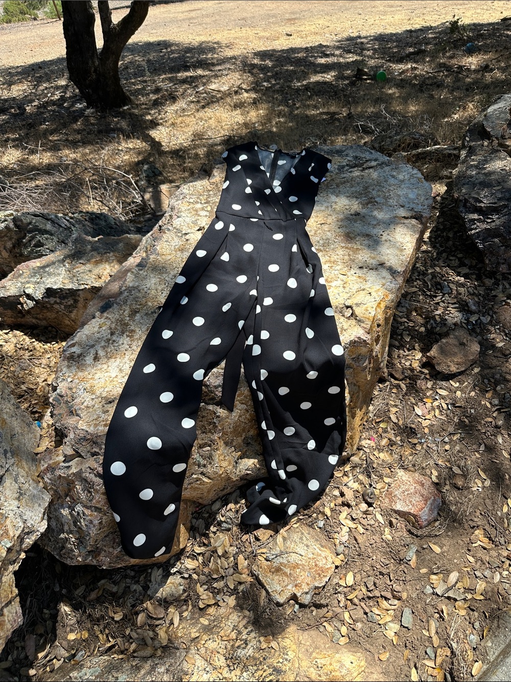 SLNY Black Jumpsuit with White Polka Dots